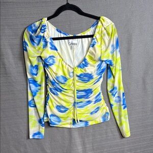Ganni Blue and Yellow Patterned Blouse